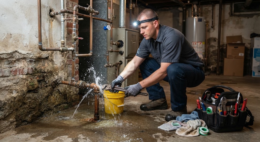 Emergency leak repair Kearny NJ technician assessing active burst pipe and flooding